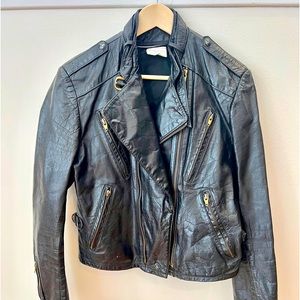 Black Leather Double Zippers Pockets Moto Jacket